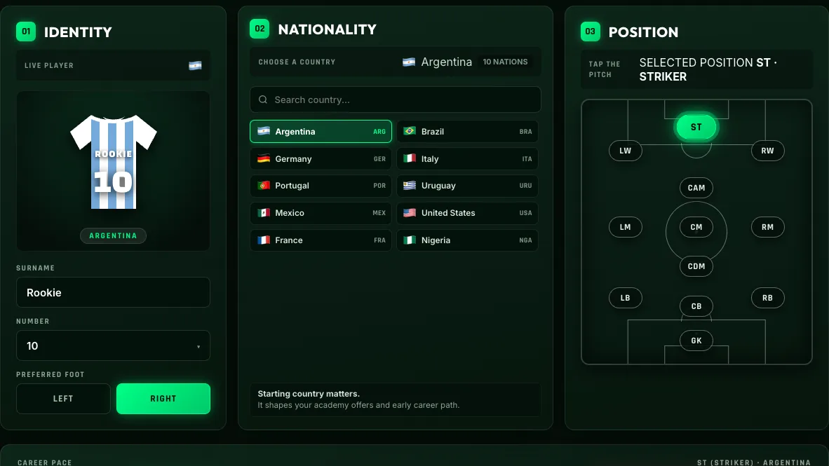 Football Career Simulator setup screen with kit, nationality and pitch position